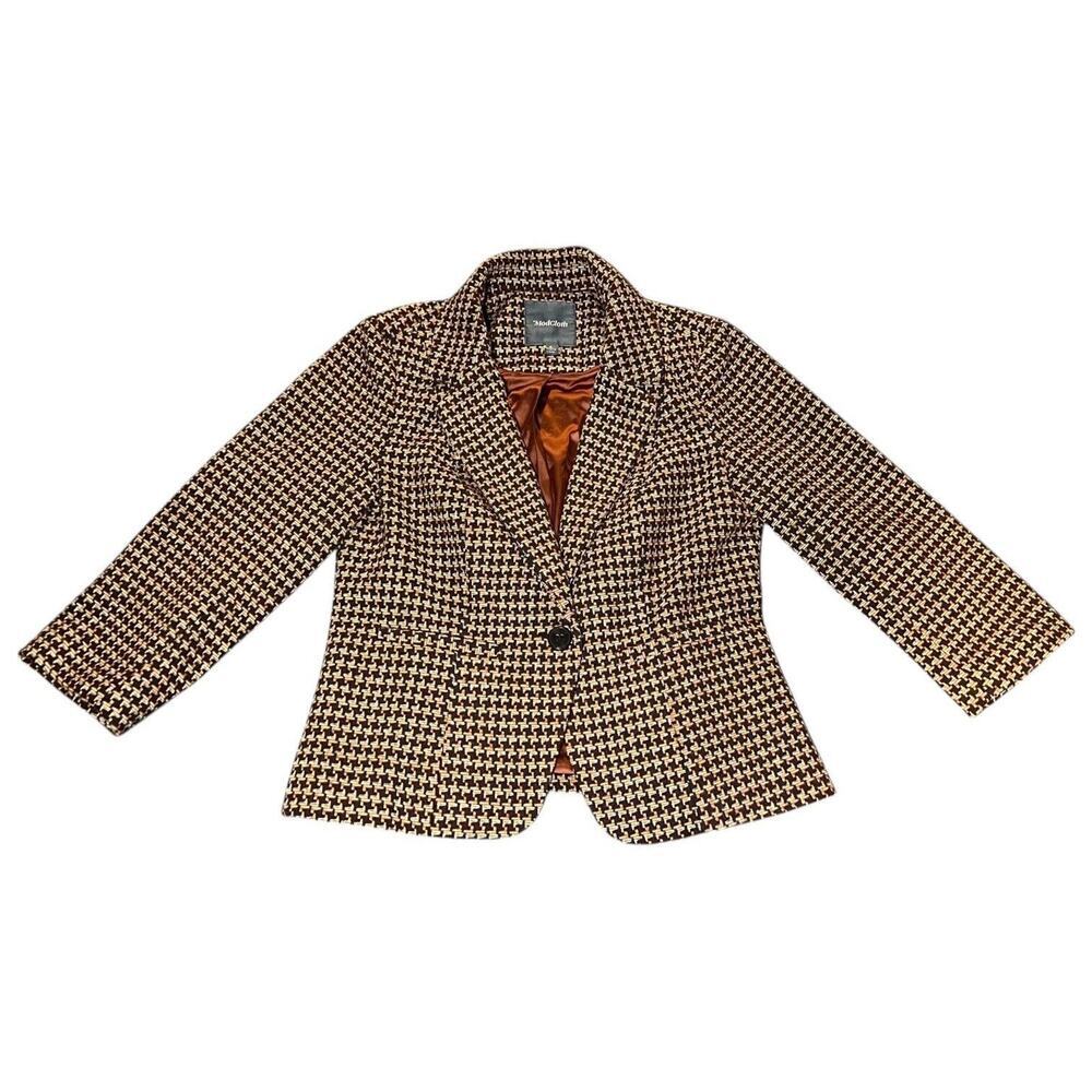 ModCloth Tweed Ensemble 3/4 Sleeve Wool Blend‎ Brown Houndstooth Small Blazer